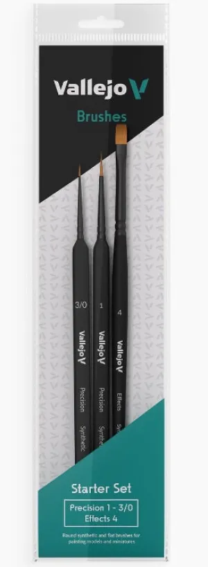 Vallejo Hobby Brushes: Precision Starter Set (Round No.1 & 3/0 Triangular Handle, Flat No.4, synthetics)